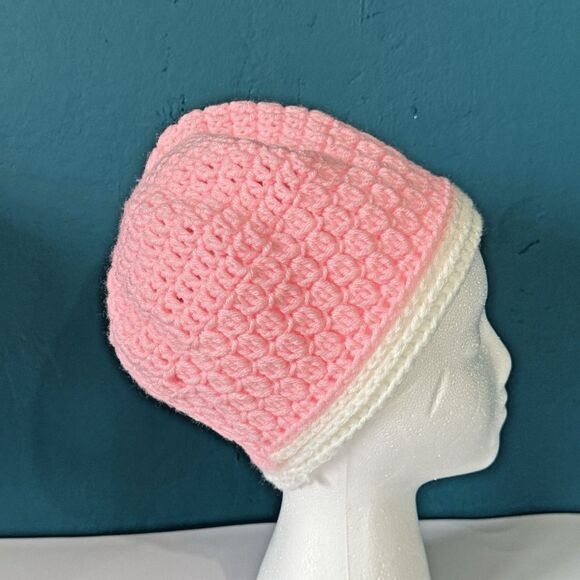Women's Beanie Hat Crochet Knit - Pink & White 18-22" (Average Adult) - Picture 6 of 7